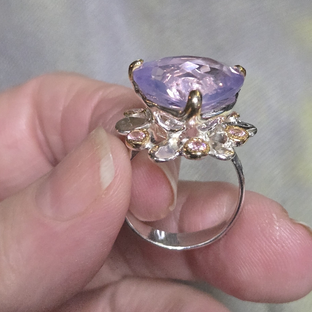 Lavender RARE Natural 16k quartz Sterling & Gold Ring Sz7 - Picture 10 of 14